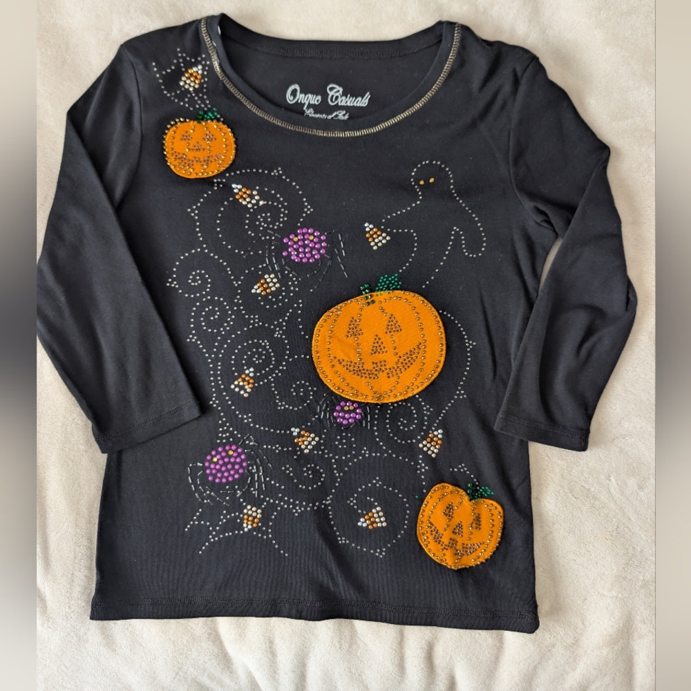 Black Halloween Pumpkin Jewel Long Sleeve Top